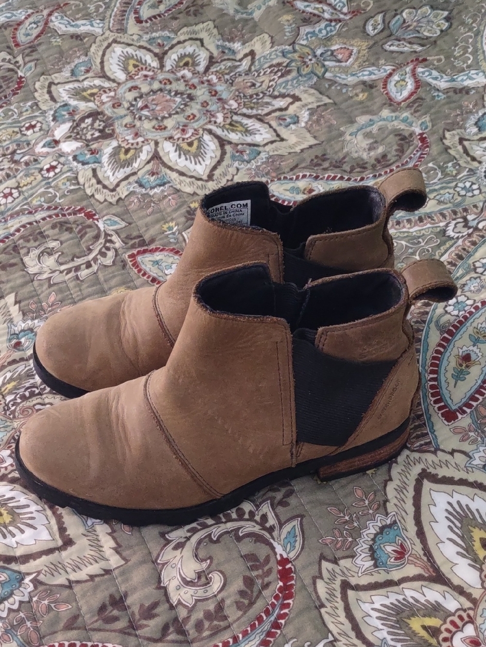 Sorel Emelie Chelsea Ankle Boots Women's Size 5.5 Waterproof Leather Tobacco